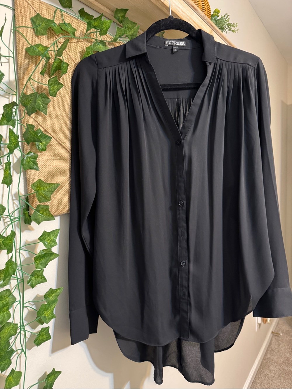 Express Black Pleated-Shoulder Button-Down Blouse